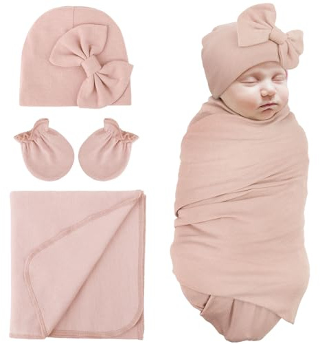 DRESHOW Baby Pucktuch Baby Decke Neugeborenen Swaddle Pucksack mit Baby Fäustlingen Bogen Mütze