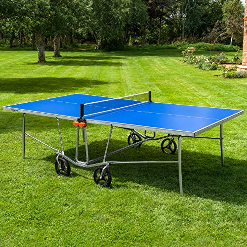 VERMONT TS100 utomhus bordtennisbord | bärbart pingisbord i regleringsstorlek med stålram och 360° hjul – valfritt fladdermus- och bollset för alla färdighetsnivåer (med lock, bord + pro set)