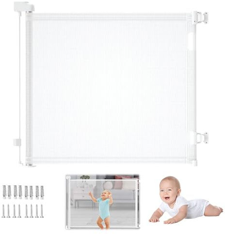 Retractable Baby Safety Gate & Dog Gate Pet Stair Gate (86x140cm) Adjustable Mesh Safety Barrier for Doorways, Stairs, Hallways - Indoor/Outdoor, Easy One-Handed Operation, Durable & Portable (White)