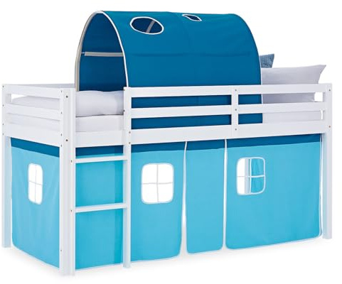 Homestyle4u Hochbett 90x200 Blau - Kinderbett mit Vorhang & Betttunnel | Kiefer Massivholz Spielbett mit Rausfallschutz & Leiter - Stabiles Kinderhochbett in Hellblau für kleine Abenteurer