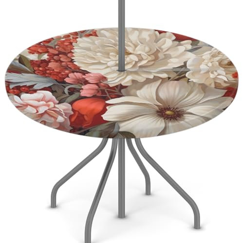 Woltant Tovaglia rotonda con foro per ombrellone e cerniera, facile da pulire, con bordi elastici, protezione per tavolo da giardino, patio, barbecue (31) (2)