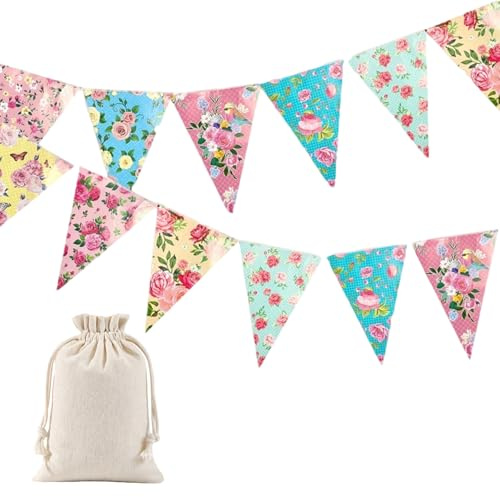 36PCS Floral Bunting, Garden Bunting with 9 Metre Length, Waterproof for Outdoor Garden Party Decorations, Birthday, Afternoon Tea, with Drawstring Bag