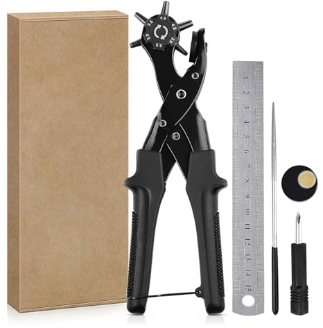 Foyscr Heavy Duty Rotary Leather Punch Plier - Multi-Size Hole Puncher for Belts, Crafts, Cards & Rubber,(Black)