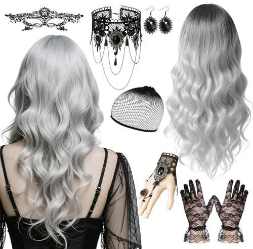 Perücke Damen Grau, Halloween Perücke, Halloween Accessoires Damen, Grau Lang Wellte Lockig, Hexenperücke Gotisch Halskette Armbänder, für Cosplay, Karneval Party (Style B)