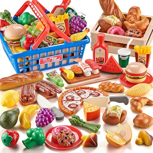 Livsmedelsset för barnköket, internationellt kök med skärleksaker livsmedel som pizza, sushi och bakverk, inklusive 2 korgar, pojkar och flickor.