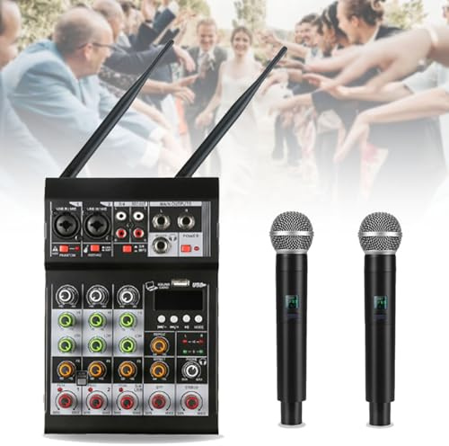 PxkVrin MéLangeur Audio Professionnel, Table De Mixage Audio Karaoké 4 Canaux, avec Double Micro sans Fil, Console Mp3 Bluetooth 48 V Alimentation FantôMe USB DJ Mixage,