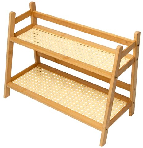 Pilikoll 2 Nivåer Bambus Nachahmung Rattanweberei Deko Hushåll 2 Nivåer Becker Aufbewahrung Tea Organisator Tassenhalter Kaffestation i Korboptik Bambus Tassenhalter für Wohnzimmer, Büro(39x29x18cm)
