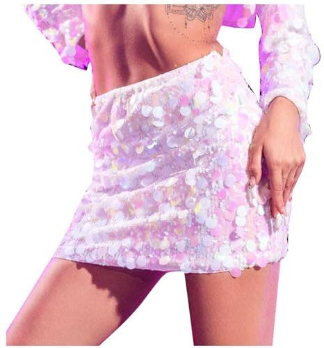 2026 Falda de Lentejuelas Brillantes Falda Lápiz de Cintura Alta Elástica Mini Falda Ajustada para Fiesta Fiesta Club Mujer, Rosa., S