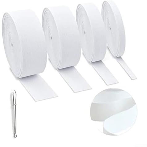 MeevrgR 4 rollos de bandas elásticas de costura blancas de 15 x 12 x 3 cm con enhebrador de agujas, goma natural de poliéster suave y transpirable, excelente cintura elástica, ajustes de ropa, trajes