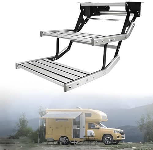 Marchepieds d'entrée électriques pour camping-car – 80 W, roulement de 220 kg, aluminium pliable, rainures antidérapantes, indicateur de pas à DEL, assemblage rapide pour RV/remorque/camping-car