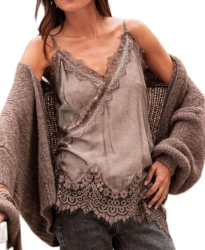Alaurbeauty Top Camisole con rifiniture in seta da donna, in raso asimmetrico a strati, sottogonna patchwork in pizzo, cachi, M