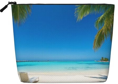 Cfyjvvxsj Clear Blue Ocean View with Palm Tree and Chair Full Print Fake Hemp Makeup Bag: Water-Resistant, Large Capacity Pouch for Daily Travel Commute (Multi-Use)