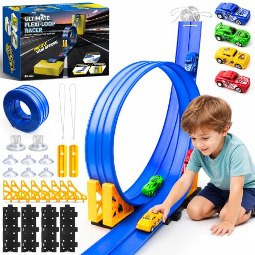BunnyJOY Flexibla bilracingkretsar 4,5 m, dubbelspårig bilbana för barn med 4 bilar, bärbar och rullbar flexibel racerbana, leksak pojke flicka 3 4 5 6 år
