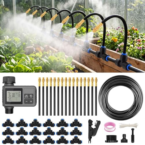 Système irrigation Automatique jardin 18m, avec Capteur Pluie et Minuterie | Kit Arrosage Automatique Goutte à Goutte avec Tuyau 18 m et 18 Buses 360°, pour Potager, Serre, Massif Fleurs, Plantes en Pot