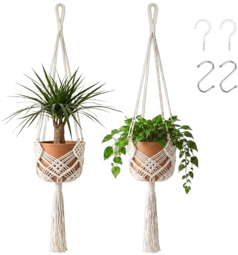 TETSMG Makramee Blumenampel Hängend Innen, 2er Set Boho Deko Makramee Hängeampel mit Haken, Baumwollseil Hängeampel, Boho Zimmer Deko Aesthetic, Makramee Wandbehang für Balkon Fenster Deko