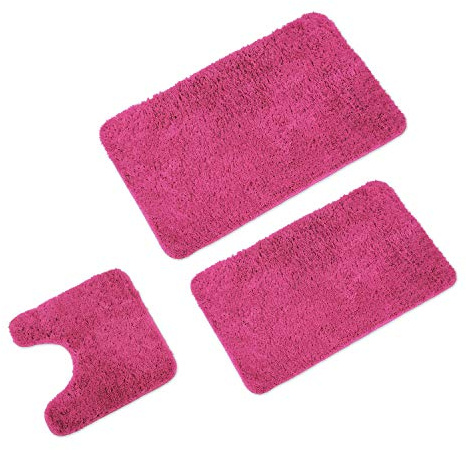 WohnDirect Badematten Set 3tlg - 3X Badvorleger (45x45 + 50x80 + 60x100cm) - Badteppich rutschfest & Waschbar - MIT WC Ausschnitt - Pink