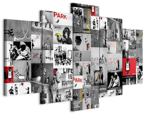 B&D XXL - Leinwandbild Abstrakt Banksy Collage, 225x112 cm, 5-teilig | Hochwertige Leinwand, sofort aufhängbar, ideal fürs Wohn- oder Schlafzimmer, wasserfest und lichtecht, langlebig, stilvoll