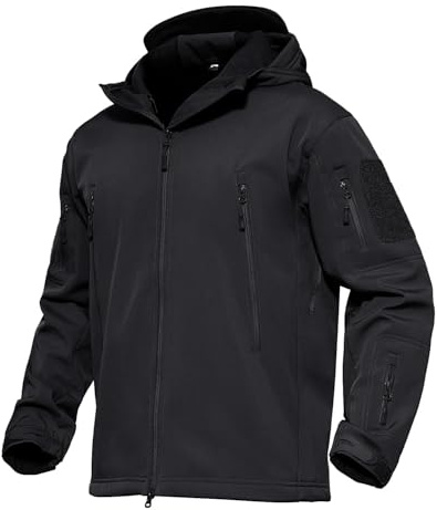 KEFITEVD Giacca in pile Softshell Giacca invernale mimetica da uomo Flecktarn Felpa con cappuccio impermeabile antivento arrampicata impermeabile Nero M (Etichetta: L)