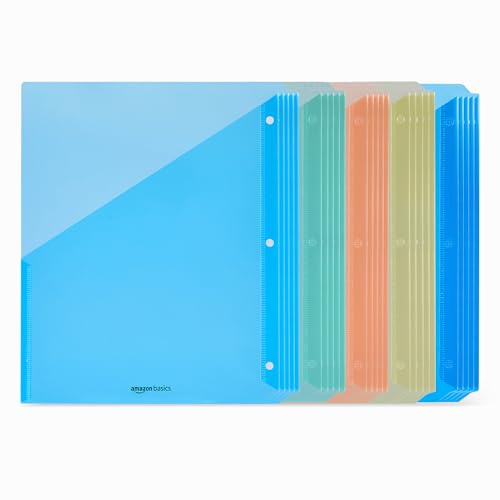 Amazon Basics Binder Organizer, Plastic Document Folders, File Jacket, 3-Hole Punch, 9.3 x 11.2 inches, Assorted Colors, 25-Pack