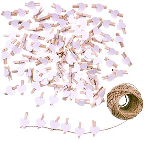 JZK 100 x Mini Wooden White Heart pegs 3cm + Jute Twine String 30m for Wedding Party Photo Holder Card Decoration and DIY Craft