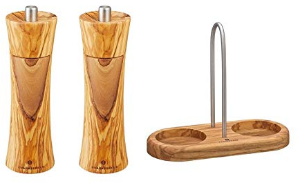 Zassenhaus Salt Mill and Pepper Mill with Mill Coaster with Olive Wood Handle 022230 + 022223 + 036060