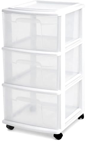 HOMZ Drawer Tower, 3-Tier Rolling Storage Cart with Removable Wheels, White Frame – Plastic Organizer with Clear Bin Drawers for Bedroom, Bathroom, Home Office, and Dorm Room