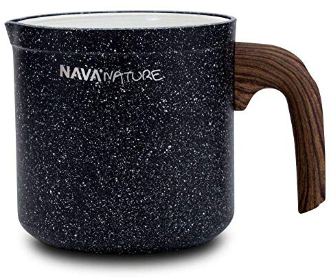 NAVA Nature Milk Pan, Stovetop Saucepan with Pour Spout, Non Stick Stone Coating, Heat Resistant Wood Effected Handle,1 Litre Capacity, 11cm Diameter