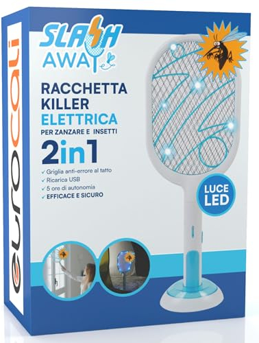 Racchetta Elettrica Zanzare Ricaricabile USB Paletta Killer a Batteria 2in1 con Base di Supporto a funzionamento autonomo per Interni ed Esterni adatta per insetti con Griglia a 3 strati Slash Away