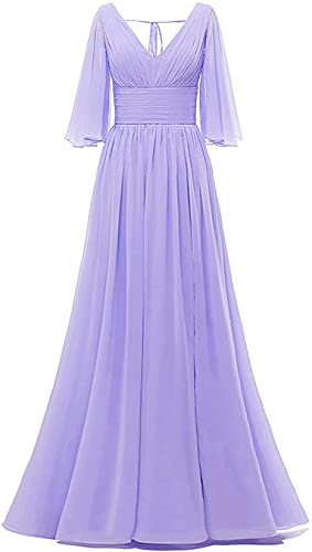 KURFACE Vestito da damigella d'onore del V-Collo Maniche Corte Abito da Sera di Sera di Ballo Abiti da Festa per le Donne, Lilla, 20