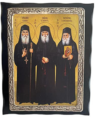 Handgefertigte griechische christliche orthodoxe Holz-metallische Ikone des Heiligen Porphyrios – Saint Paisios – Saint Iakovos Tsalikis (24 x 19 cm) Massivholz