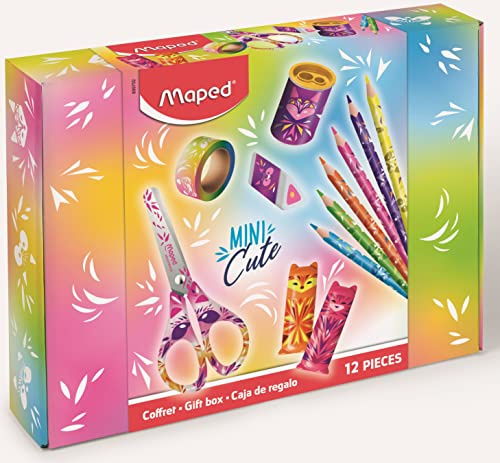 Maped - Geschenkset 12-teilig Mini Cute – 1 Schere + 1 Spitzer + 1 Radiergummi Pyramide + 6 Buntstifte + 2 Textmarker + 1 Rolle Masking Tape