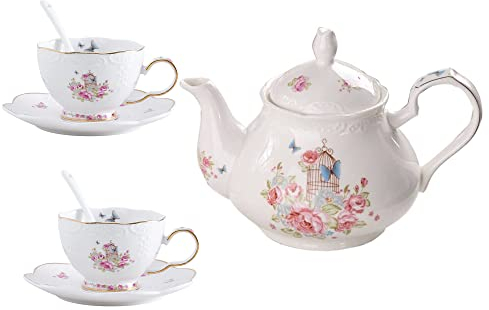 YBK Tech Strength Porcelain Coffee Pot Ceramic Teapot- Pink Rose (Teapot+ 2 Sets of Cup and Saucer)