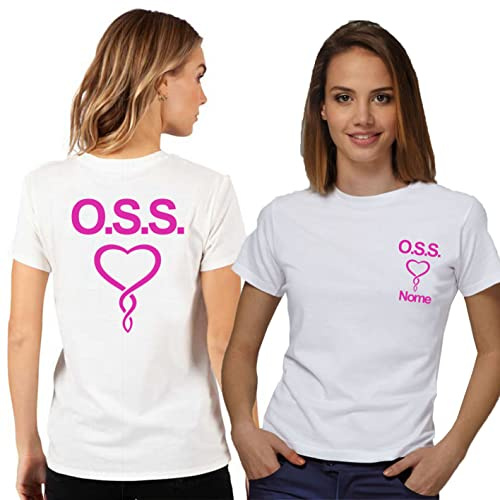 T- Shirt Maglietta Operatore Socio Sanitario OSS Donna con Logo, Personalizzata con Il Tuo Nome Gratuito (Bianca Cuore Intrecciato Fucsia, S)