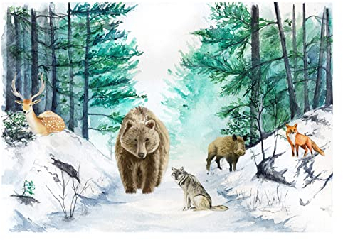 WallArena - Vlies Fototapete Kinderzimmer Tiere im Winterwald 208x146 cm - Fototapeten - Fototapeten Tapeten für Kinder Kindertapete - Vliestapete Wandtapete Tapete 3D Effekt - Aquarell