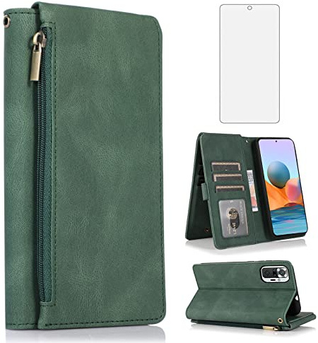 Asuwish Kompatibel mit Xiaomi Redmi Note 10 Pro Wallet Case Gehärtetes Glas Displayschutzfolie Reißverschluss Leder Flip Cover Kartenhalter Ständer Cell Zubehör für Redme Note10 10Pro Max Frauen