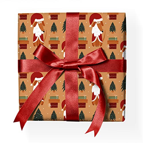 Süßes Santa Hunde Weihnachtspapier Set: Lustiges Geschenkpapier mit Weihnachts Hund und Weihnachtsbäumen Dekorpapier zum Einpacken von liebevollen Geschenken, Format: 32 x 48cm, 4 Bogen