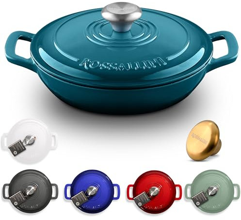 ROSSALLINI Signature Schmortopf aus emailliertem Gusseisen, Antihaft-Serviertopf mit dicht schließendem Deckel für perfektes Braten, Backen, Sautieren, Anbraten und Braten, 3,3 l, Ozeanblau