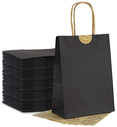 50 Stück Schwarz Papiertüten mit Henkel, HRUISE Kleine Papier Geschenktüten mit Aufklebern, 130GMS Kraftpapier tüten, Papiertragetaschen für Einkaufstüten, Partytüten, Hochzeitstasche, Geschenke