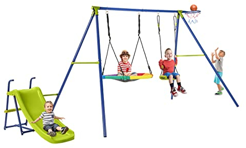 COSTWAY 4-in-1 Kids Swing Set, Metal Swing Stand with Double Swings, Basketball Hoop, Slide, Ladder, Children Backyard Playground Equipment for Garden Yard