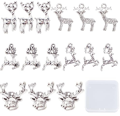 SUNNYCLUE 1 Box mit 50 Weihnachtshirsch-Anhängern, Rentier-Charms aus antikem Silber, Hirsch, kleiner Elchkopf, Tier-Anhänger, Hirschgeweih, niedliche Tiere, Anhänger aus Legierung, Charms für die