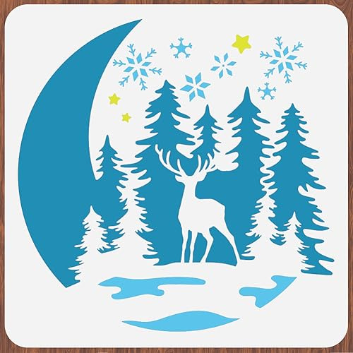 INFUNLY Wandschablonen Zum Thema Weihnachten Kiefernhirsch Große Schablonen Zum Malen 11.8x11.8 Mond-Fliesenschablone Schneeflocke Wiederverwendbare Schablonen Zum Basteln Zum Malen Auf Holz Papier