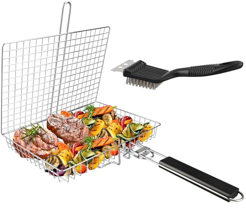 Grillkorg, stor hopfällbar grillkorg med grillrengöringsborste, rostfritt stål grillkorg, för kyckling, kött, biff, kotletter (1 st stor grillkorg + 1 st borste)