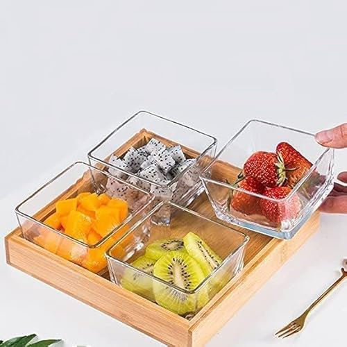 Red-Rubby Square Glass Bowls Set with Wood Tray, Condiment Dishes Serving Bowls Buffet Server Food Display Relish Tray for Fruit Dessert Appetizer Nuts Snacks Candy Chip Dip (4Pcs Bowl, 1 Wooden Tray)