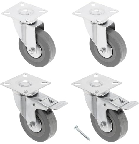 GTV - Ruedas para muebles GREYROLL, juego de 4 ruedas para muebles, 2 ruedas con freno, 2 sin freno, de acero y goma, +16 tornillos PanHead 5 x 15/16, diámetro: 75 mm, color: gris