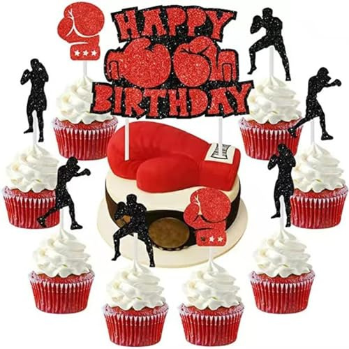 MiaLover Lot de 3 cajas de decoración de tarta Boxing Cake Topper Guantes Cupcake para el tema deportivo de cumpleaños infantil Decoración de fiesta