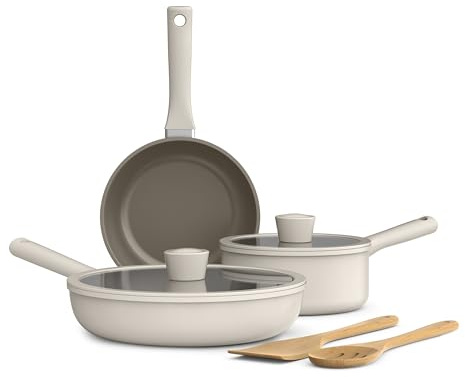 bella 7 Piece Cookware Set with EverGood™ Ceramic Nonstick Coating​, Dishwasher Safe Oven Safe, All Stovetops Compatible, Glass Lids with Silicone Rims, Cool Touch Handles, Oatmilk