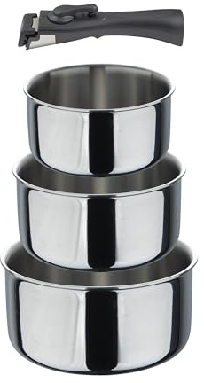 Bergner| Set 3 Cazos + Mango Intercambiable | Acero Inoxidable Sin Revestimientos Libre de Tóxicos | Inducción Compatible | Cocina, Hornea, Sirve, Almacena, Limpia y Apila Fácilmente