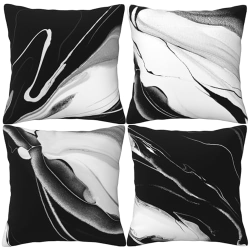 HOSTECCO Marble Cushion Covers 45x45 cm Set of 4 Black and White Abstract Cushion Cases Farmhouse Decorative Pillow Covers for Sofa Couch