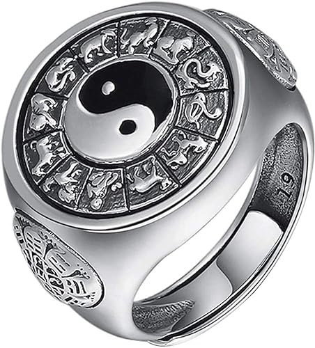Zehenring Vintage Emaille 925 Sterling Silber Antikes chinesisches Symbol Yin Yang Spinnerring mit 12 chinesischen Tierkreiszeichen for Männer Frauen offen und verstellbar(55mm)