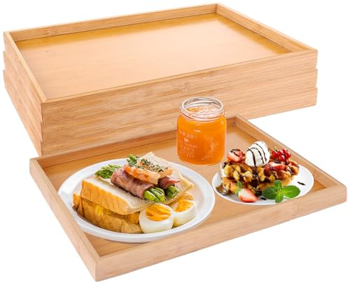 MIVIDE Lot de 4 Plateaux de Service Rectangulaires en Bois de Bambou 37 x 26 x 2.5 cm - Plateau Repas Bois, Plateau Service pour Petit Déjeuner, Thé, Table Basse, Boissons